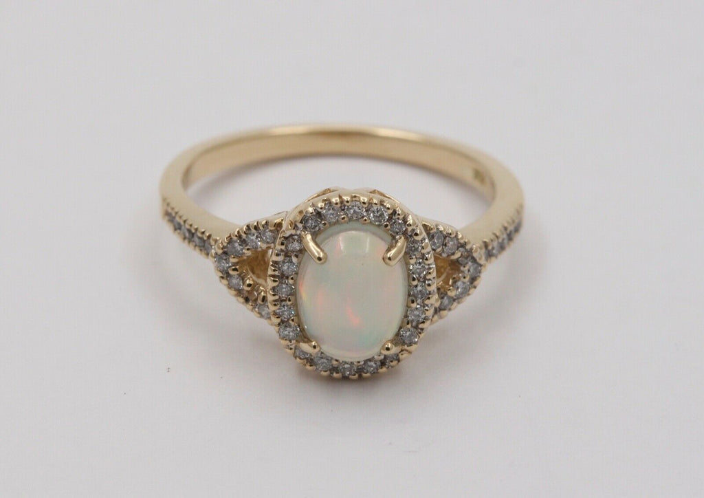 Vintage Australian Opal and Diamond Halo 14K Yellow Gold Ring, Engagement Ring