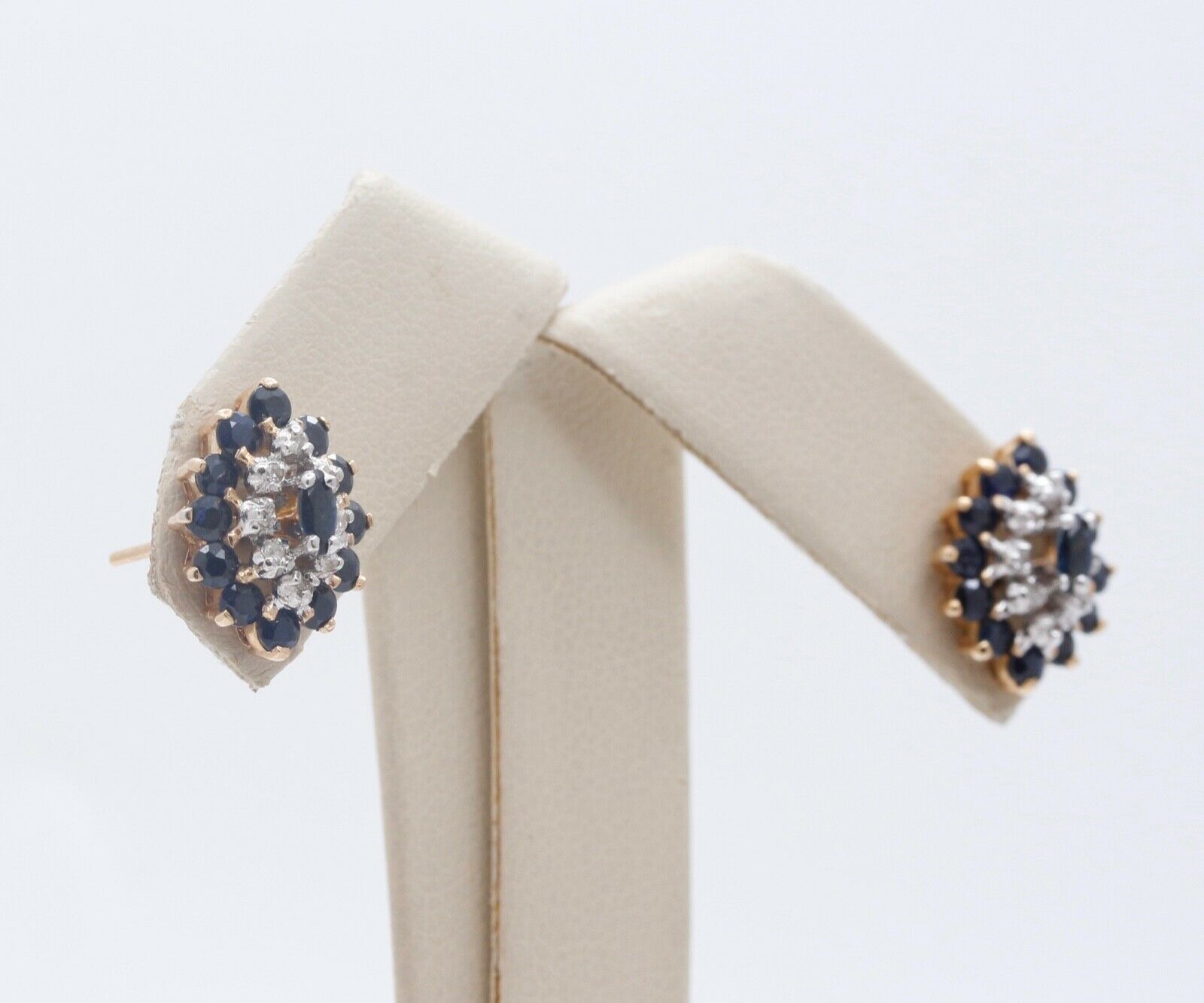 Vintage Ladies Blue Sapphire Diamonds 10K Yellow Gold Cluster Earrings