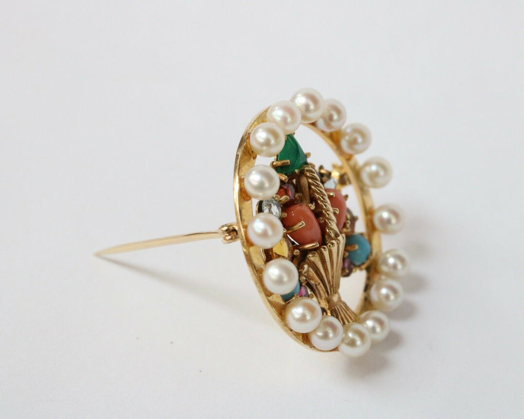 Beautiful Vintage Multi Stone Flower Basket Brooch