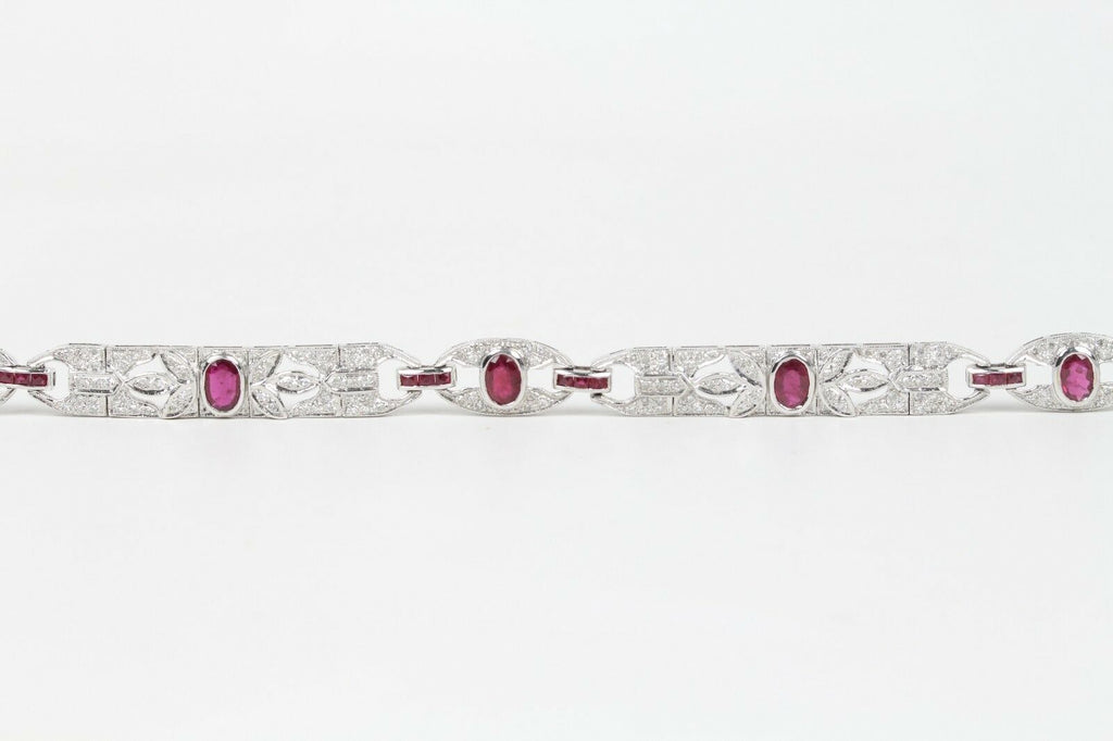 Vintage Ladies Diamonds Rubies 14K White Gold Bracelet