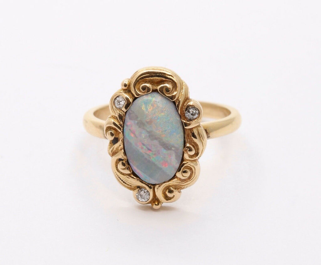 Victorian Opal Old Mine Diamonds 14K Yellow Gold Ring