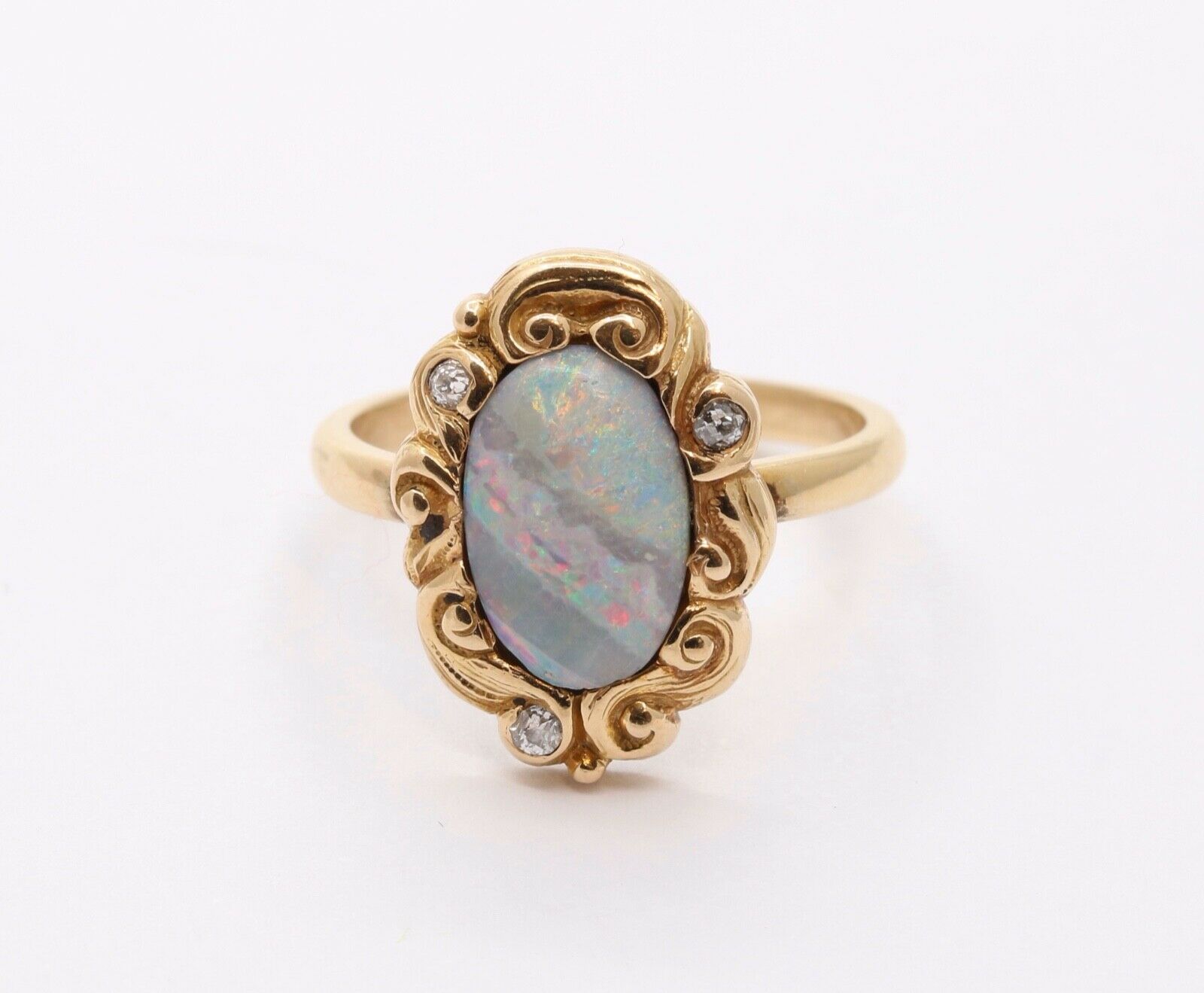 Victorian Opal Old Mine Diamonds 14K Yellow Gold Ring