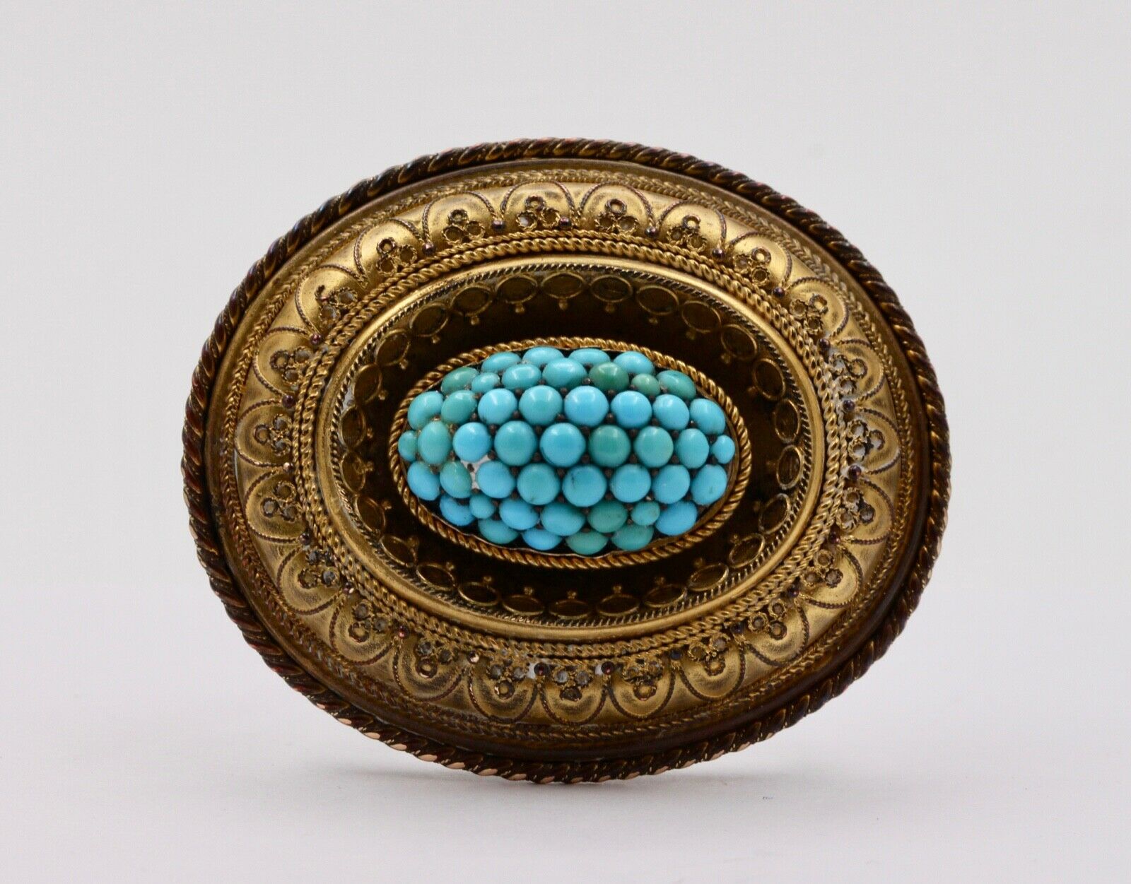 Victorian Etruscan Revival Turquoise 10K Yellow Gold Brooch Pendant Momento