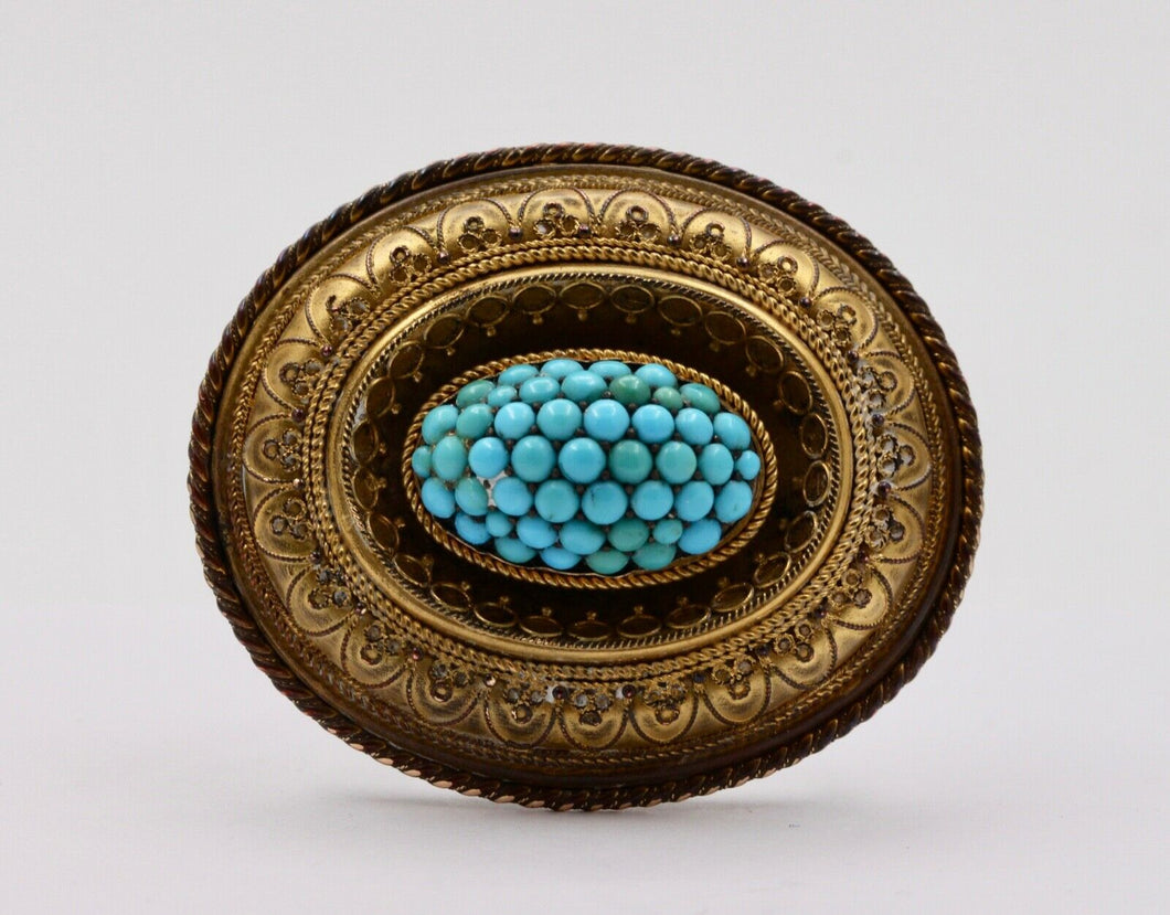 Victorian Etruscan Revival Turquoise 10K Yellow Gold Brooch Pendant Momento