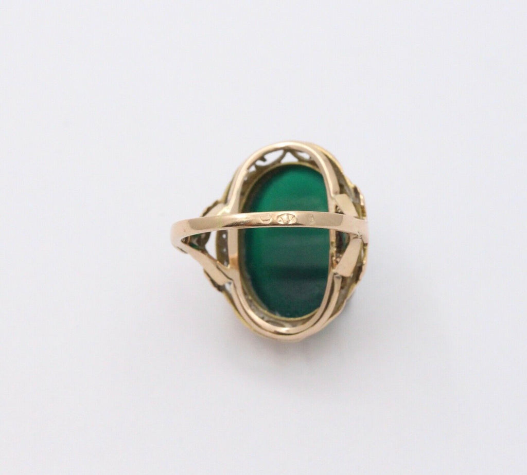 Vintage Polish Green Chalcedony Cocktail 14K Yellow Gold Ring