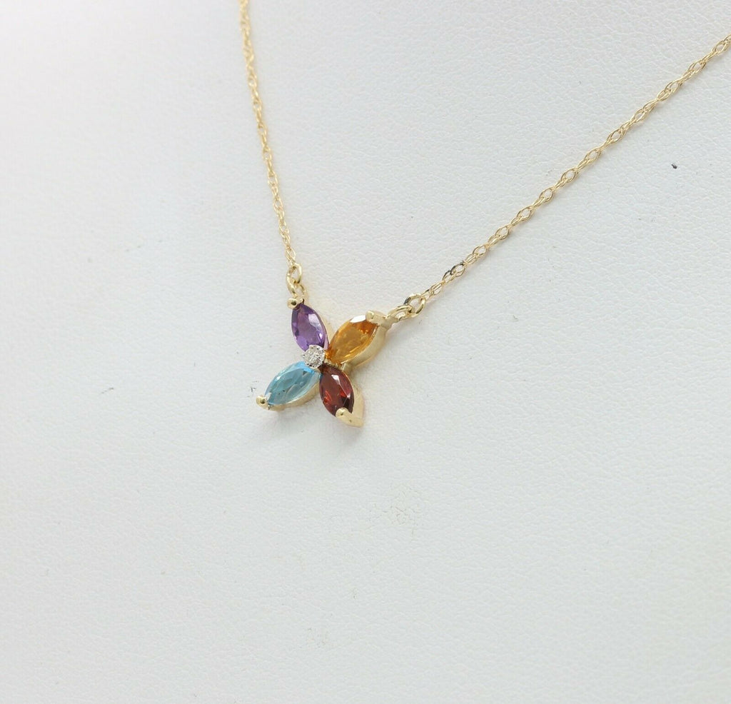 Vintage 14K Yellow Gold Four Leaf Flower Multi Stone Diamond Pendant