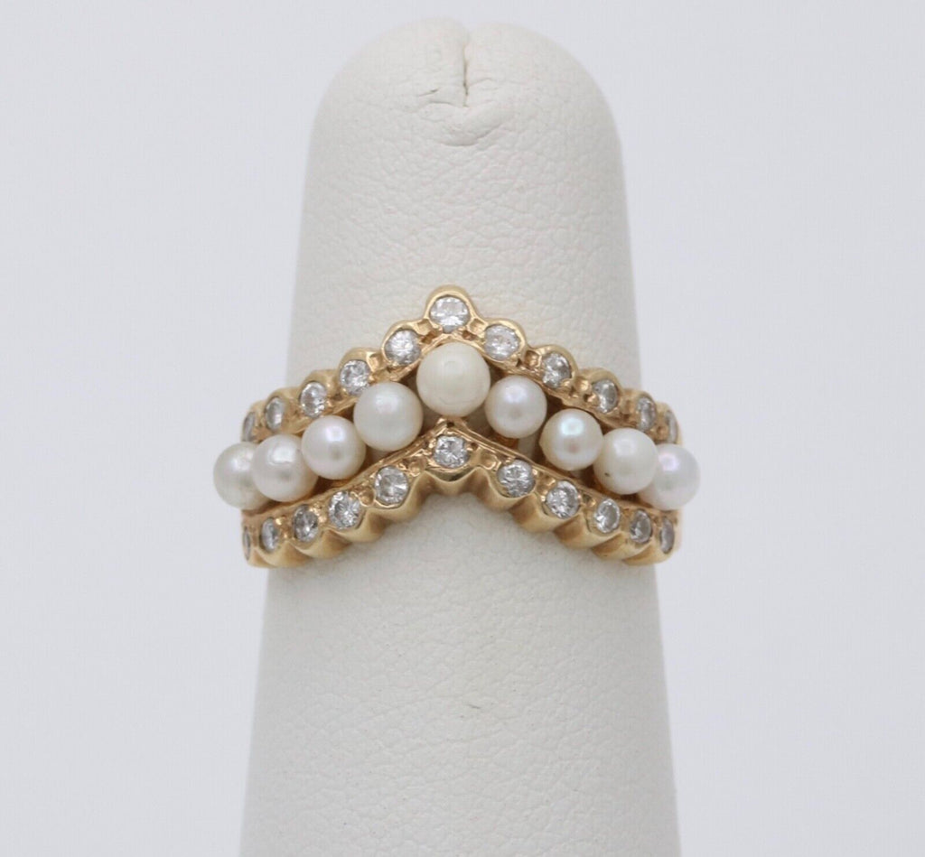 Vintage V Shape 14K Yellow Gold Pearl & Diamond Ring