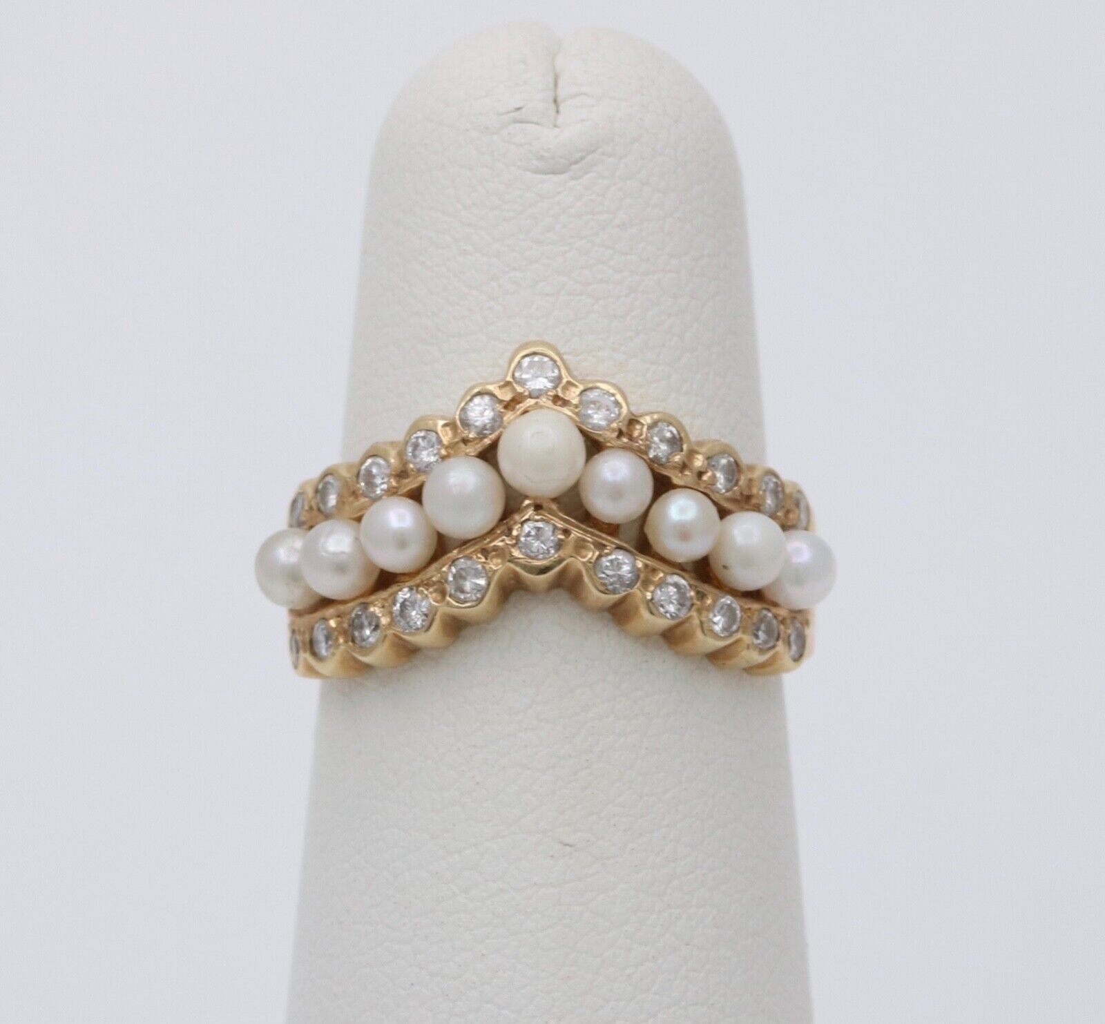 Vintage V Shape 14K Yellow Gold Pearl & Diamond Ring