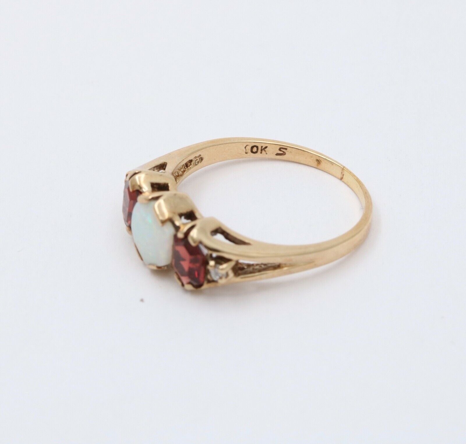 Vintage 10K Yellow Gold Opal, Garnet and Diamond Ring Band. Stacking Ring.