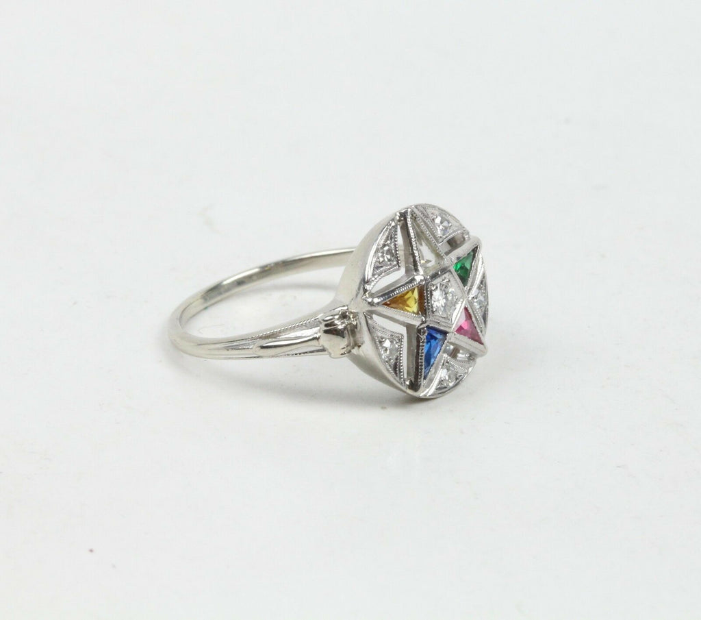 Art Deco Eastern Star 14K White Gold Diamonds Ruby Emerald Sapphire Topaz Ring