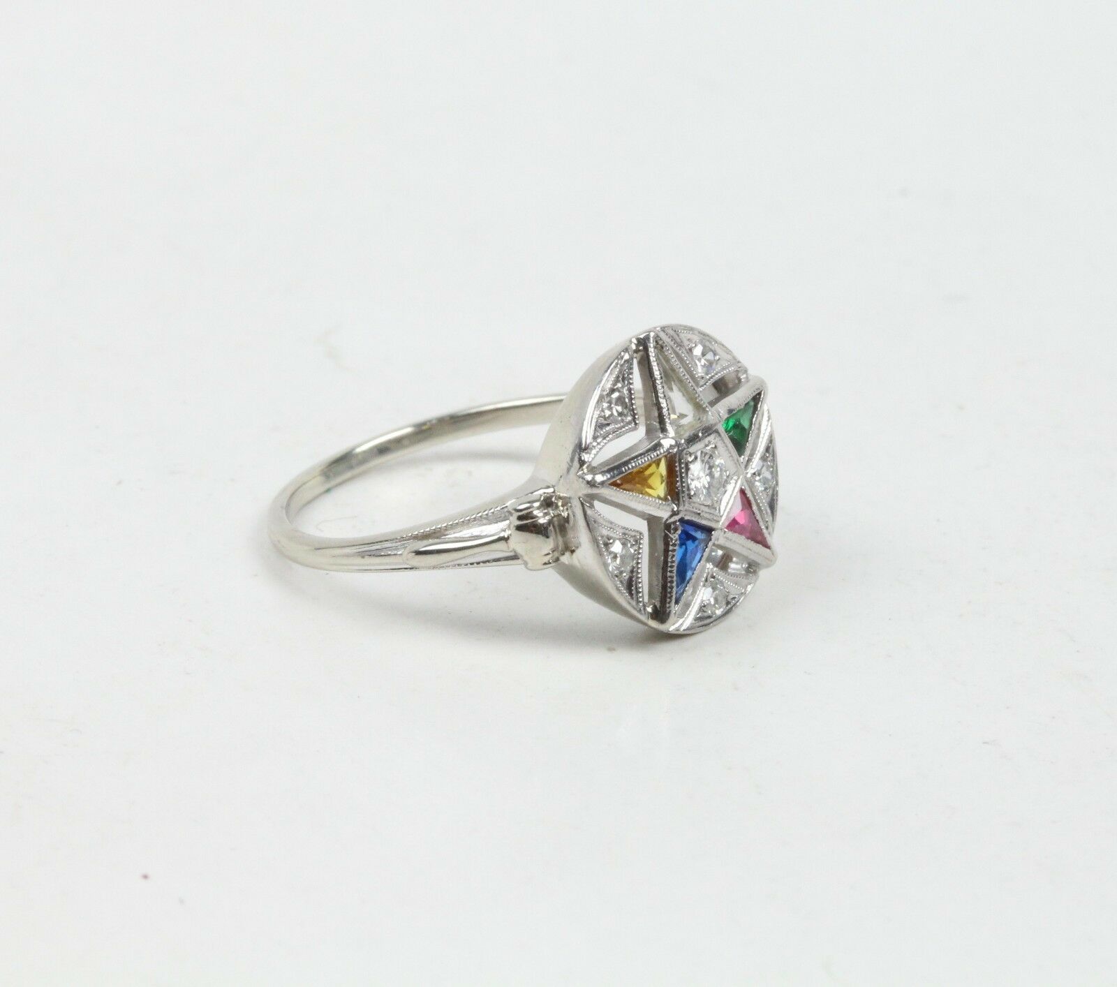 Art Deco Eastern Star 14K White Gold Diamonds Ruby Emerald Sapphire Topaz Ring