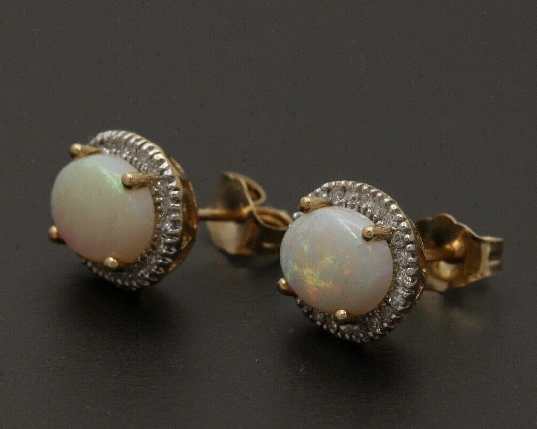 Vintage Estate 14K Yellow Gold Opal With Diamond Halo Stud Earrings.