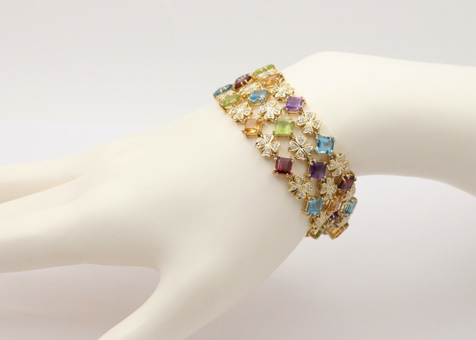 Estate Colorful 14K Yellow Gold Multi Color GemStones Three Layer Bracelet