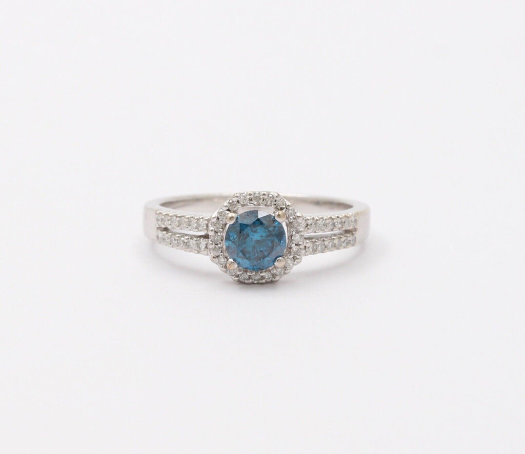 Vintage 14K White Gold Blue Topaz Diamond Halo Ring, Engagement Rig