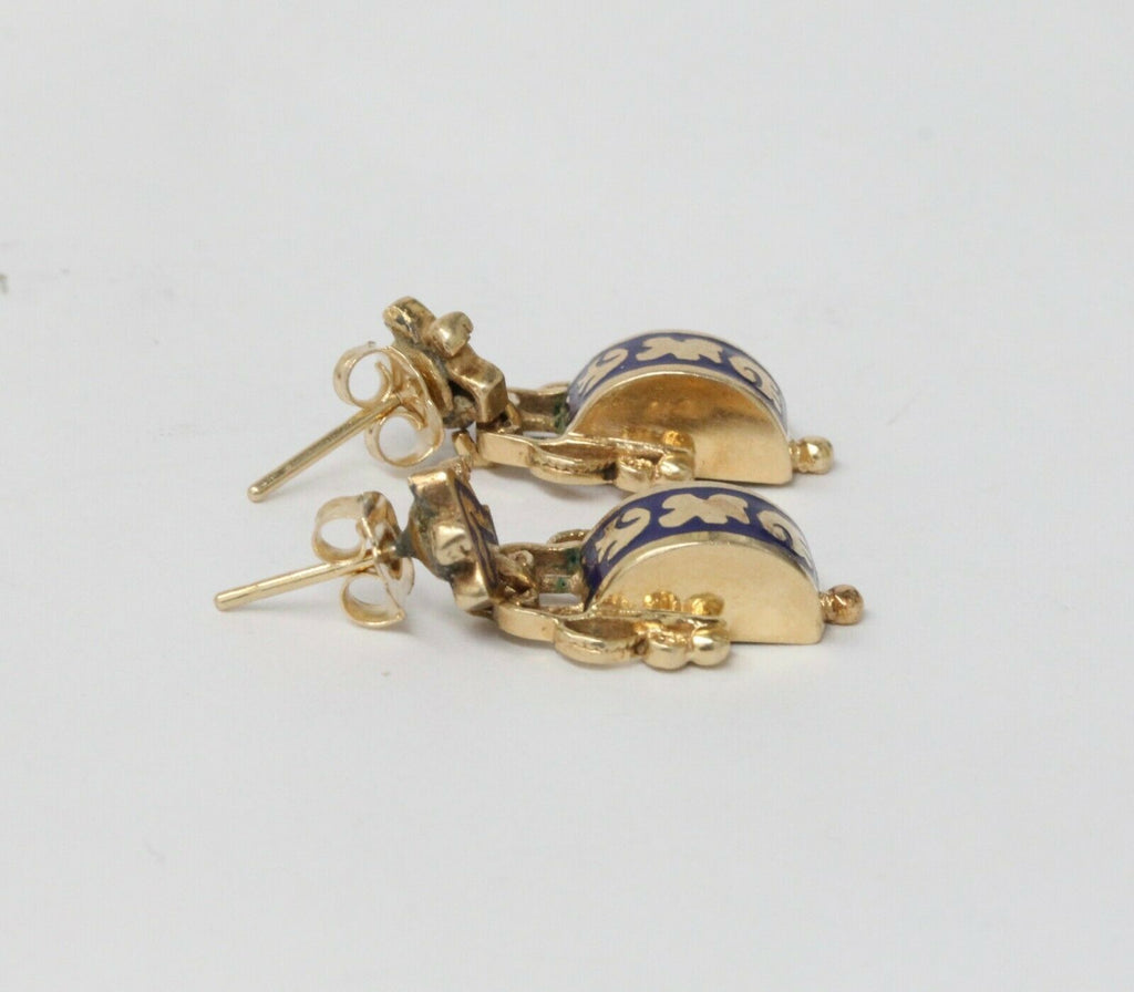 Vintage 14K Yellow Gold Blue Enamel Hanging Earrings