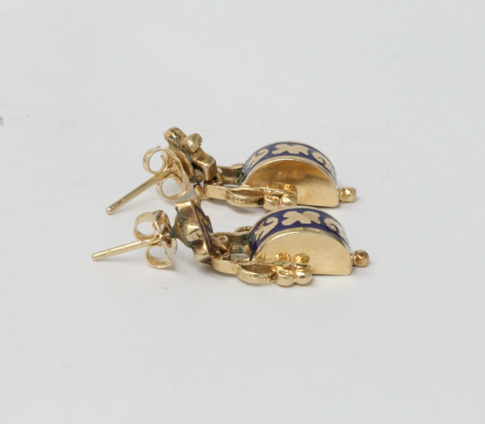 Vintage 14K Yellow Gold Blue Enamel Hanging Earrings