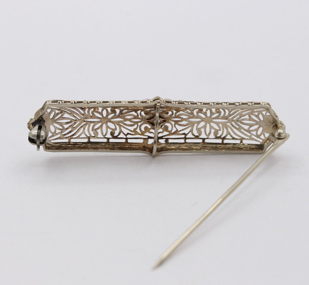 Art Deco 14K White Gold Diamond Bar Pin Brooch