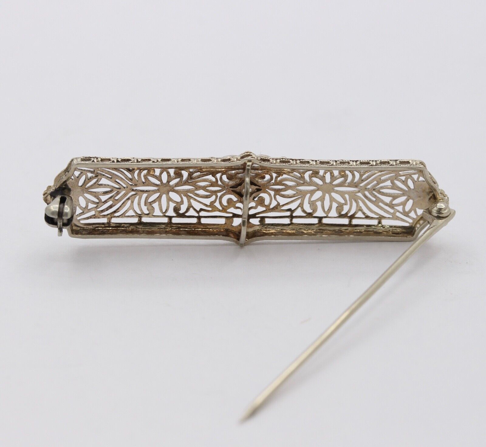 Art Deco 14K White Gold Diamond Bar Pin Brooch