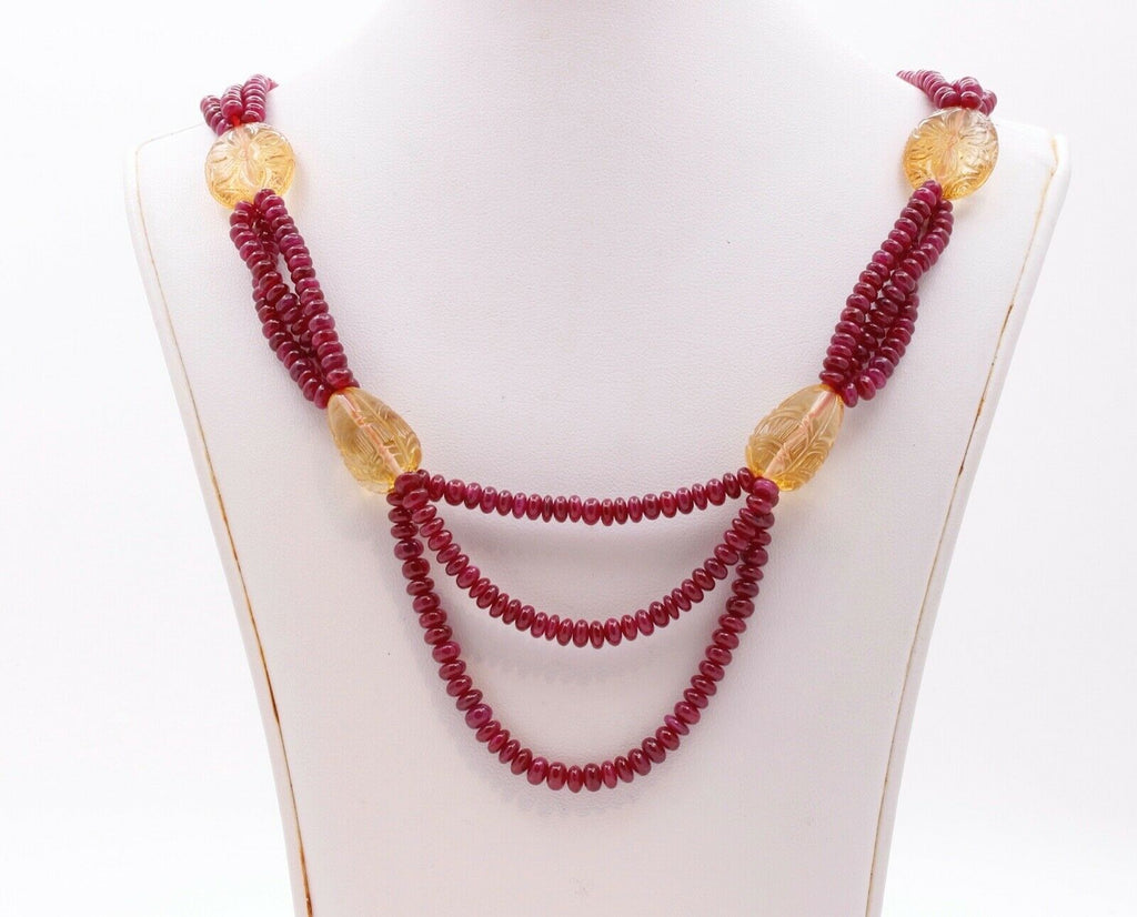 Vintage Ruby Citrine Pearls 18K Yellow Gold Bead Strand Necklace