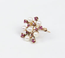 Load image into Gallery viewer, Vintage 14K Yellow Gold Rubies Cultured Pearls Pendant Brooch
