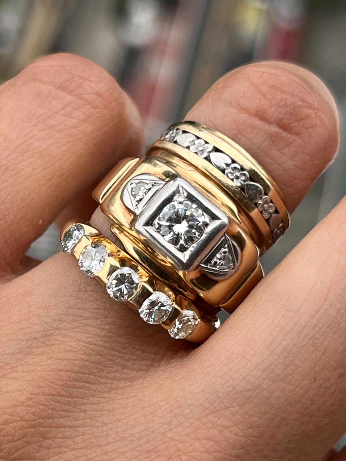 Vintage Five Stone Diamond 18K Gold Ring Band, Wedding Band