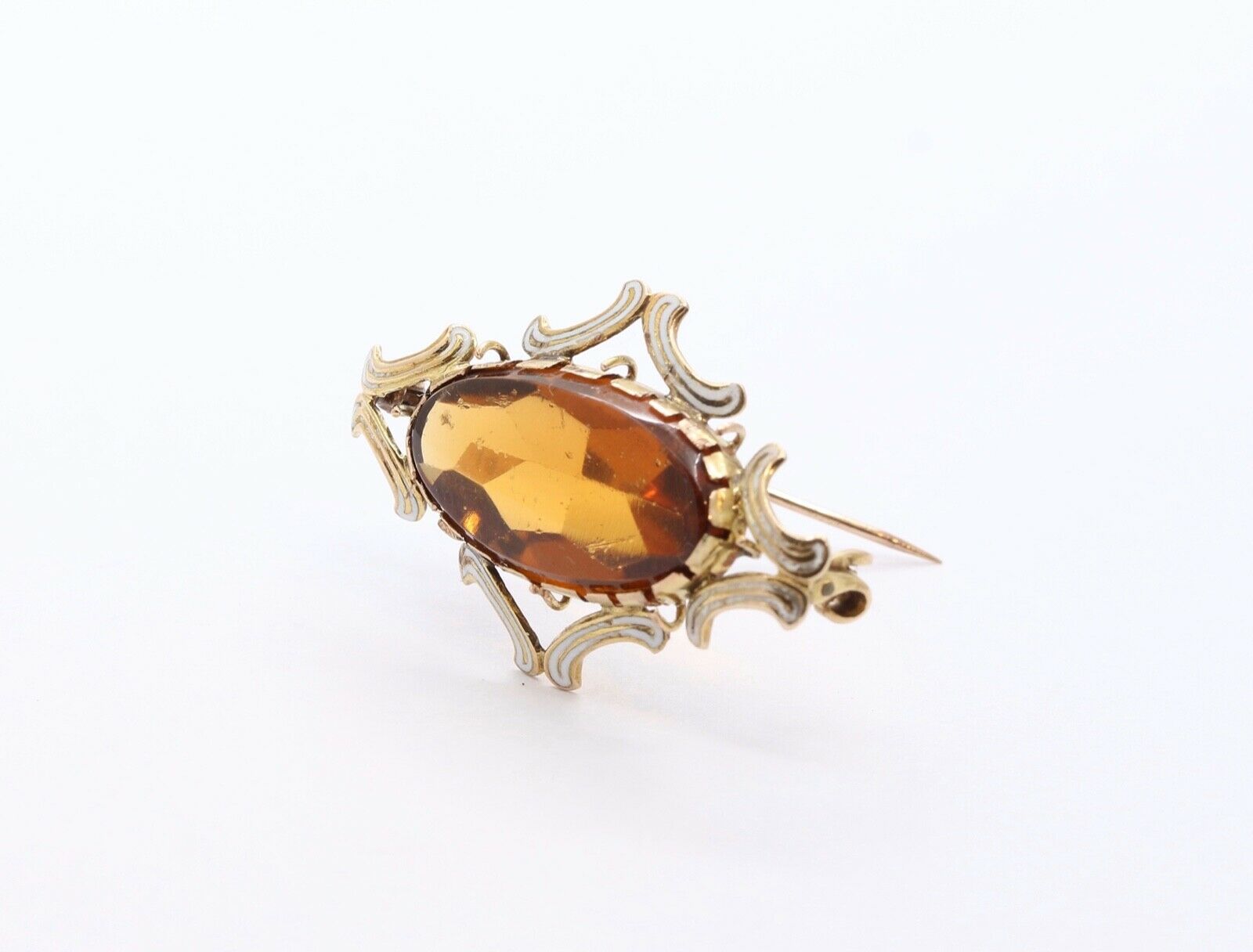 Vintage Citrine White Enamel 14K Yellow Gold Brooch Pin