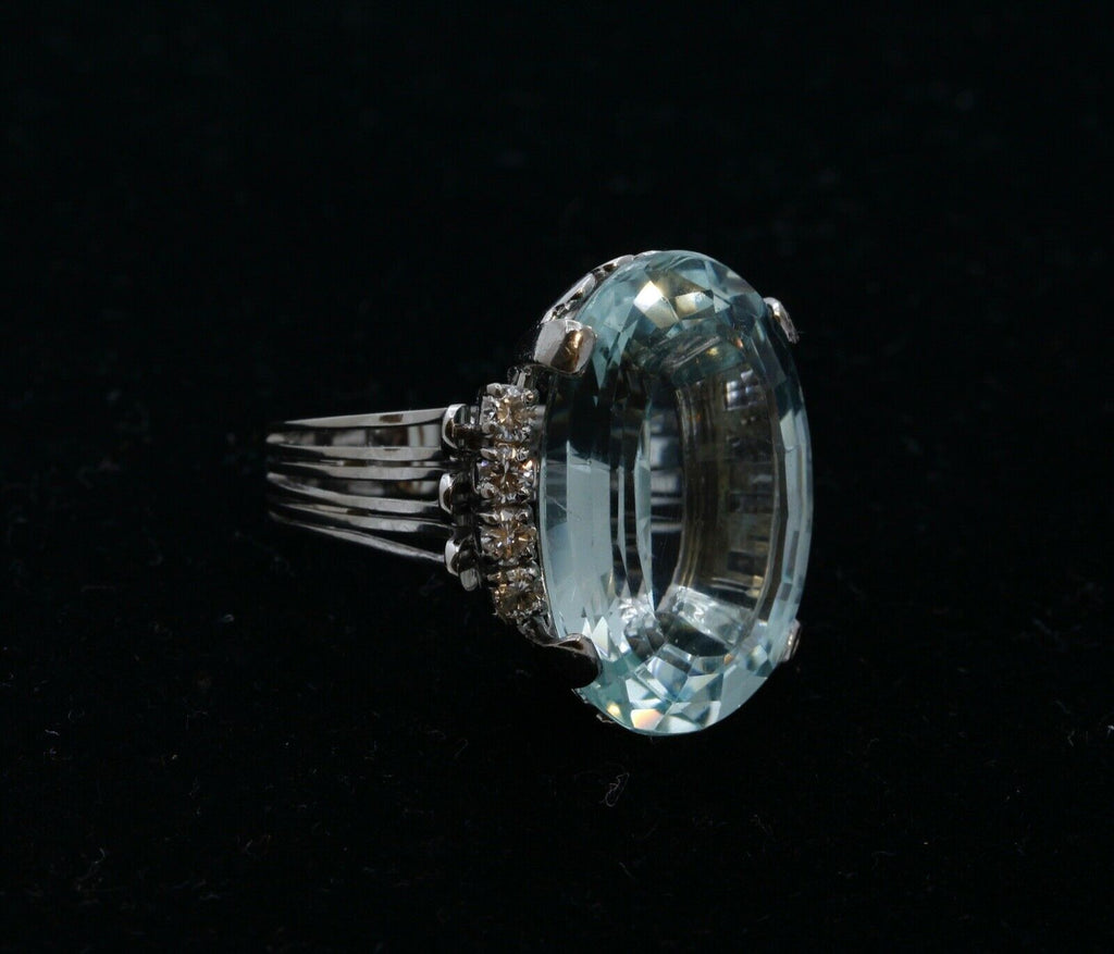 Vintage Aquamarine Diamonds 14K White Gold Ring