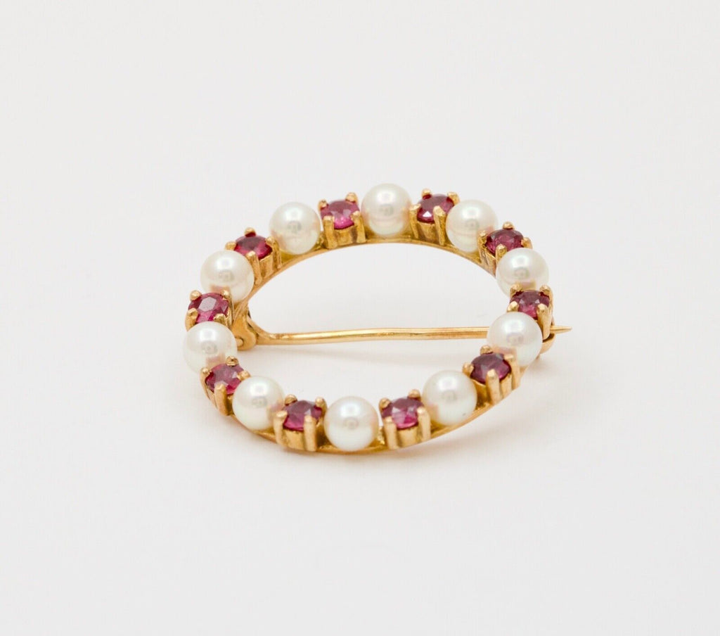 Vintage 14K Yellow Gold Ruby and Pearl Circle Brooch