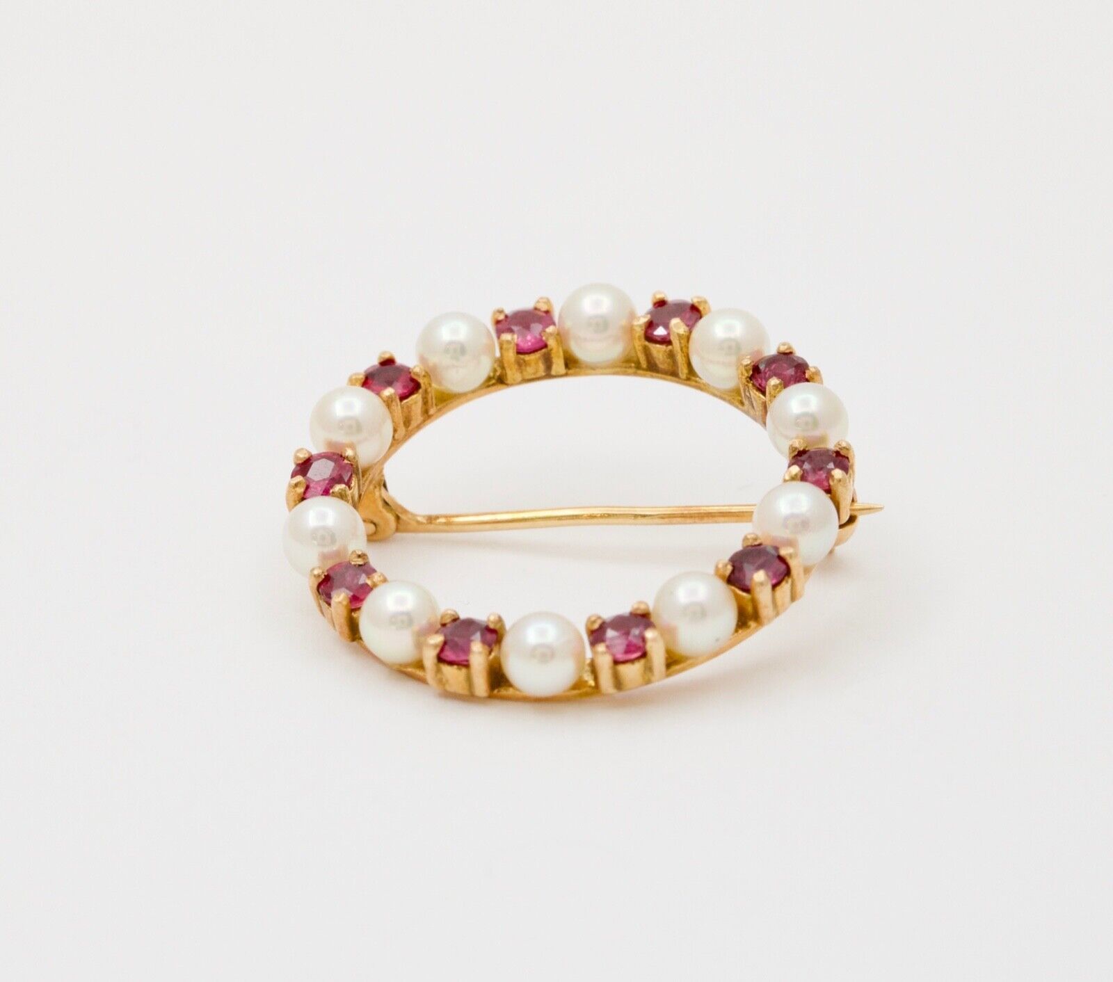 Vintage 14K Yellow Gold Ruby and Pearl Circle Brooch