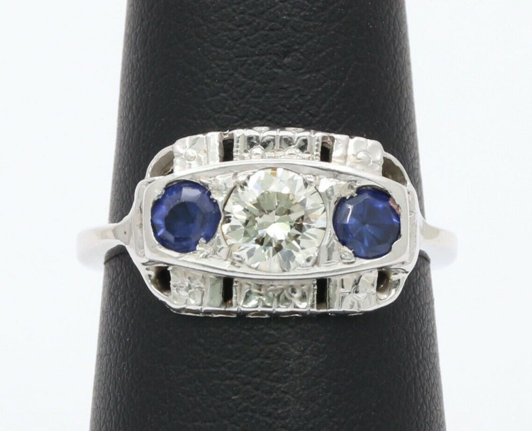 Art Deco Diamond Sapphires 14K White Gold Ring