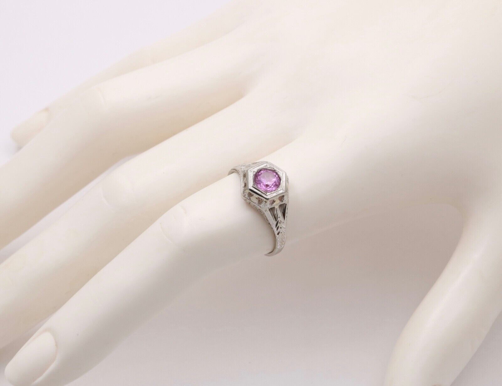 Art Deco 18K White Gold Pink Sapphire Filigree Ring Band, Engagement Ring