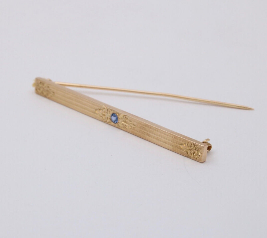Art Deco Sapphire 14K Yellow Gold Bar Brooch Pin