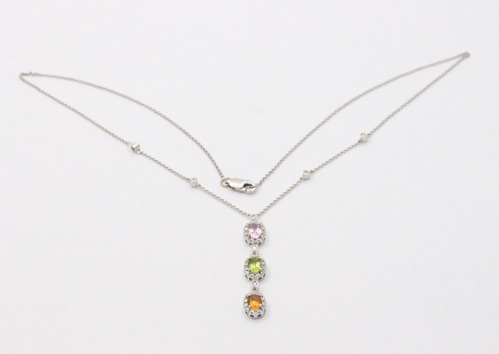 Classic 14K Gold Three Stones Multi Color Stone, Diamond Drop Pendant. Necklace.