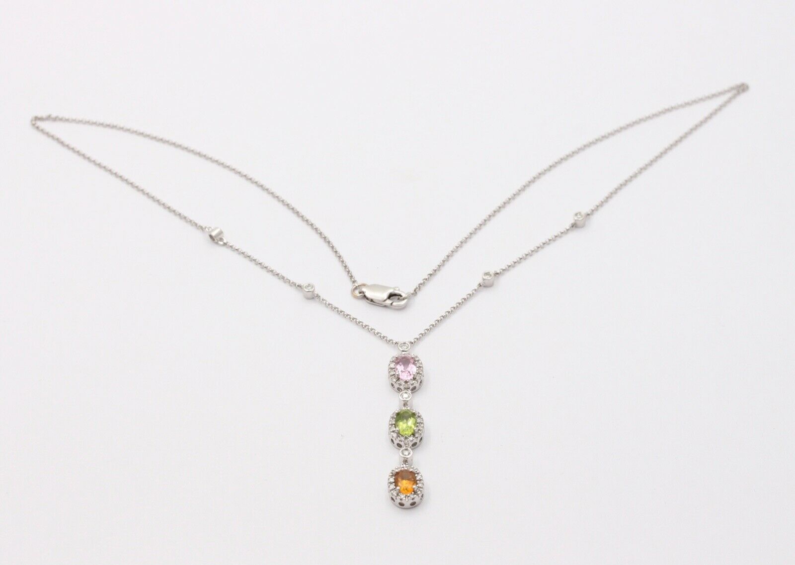Classic 14K Gold Three Stones Multi Color Stone, Diamond Drop Pendant. Necklace.