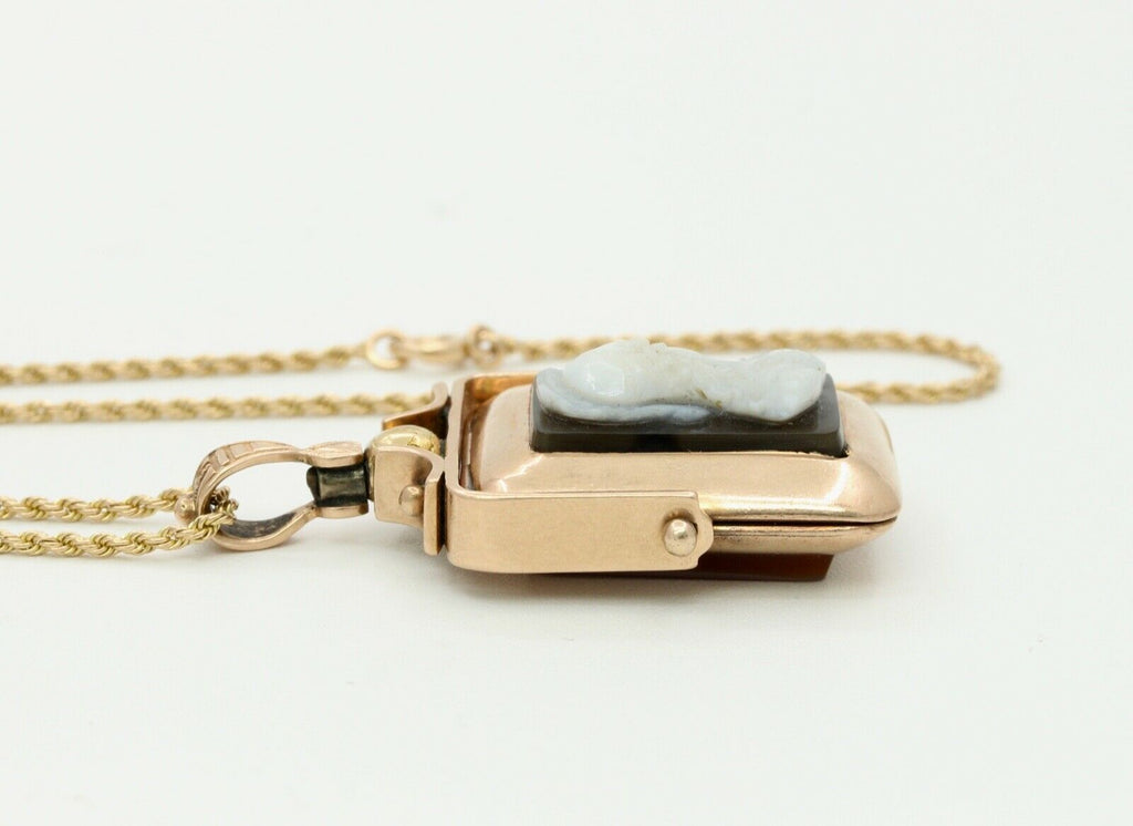 Victorian 10K Gold Onyx Sardonyx Spinning Locket Pendant Chain