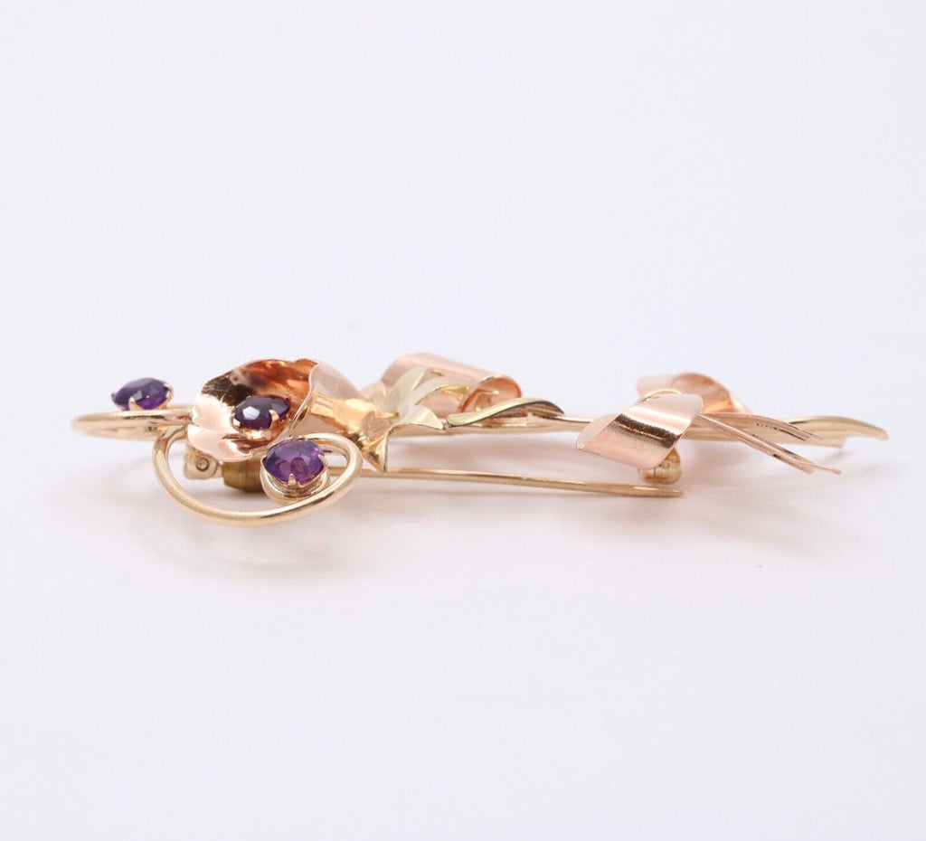 Vintage 10K Rose & Yellow Gold Amethyst Flower Bouquet Brooch Pin