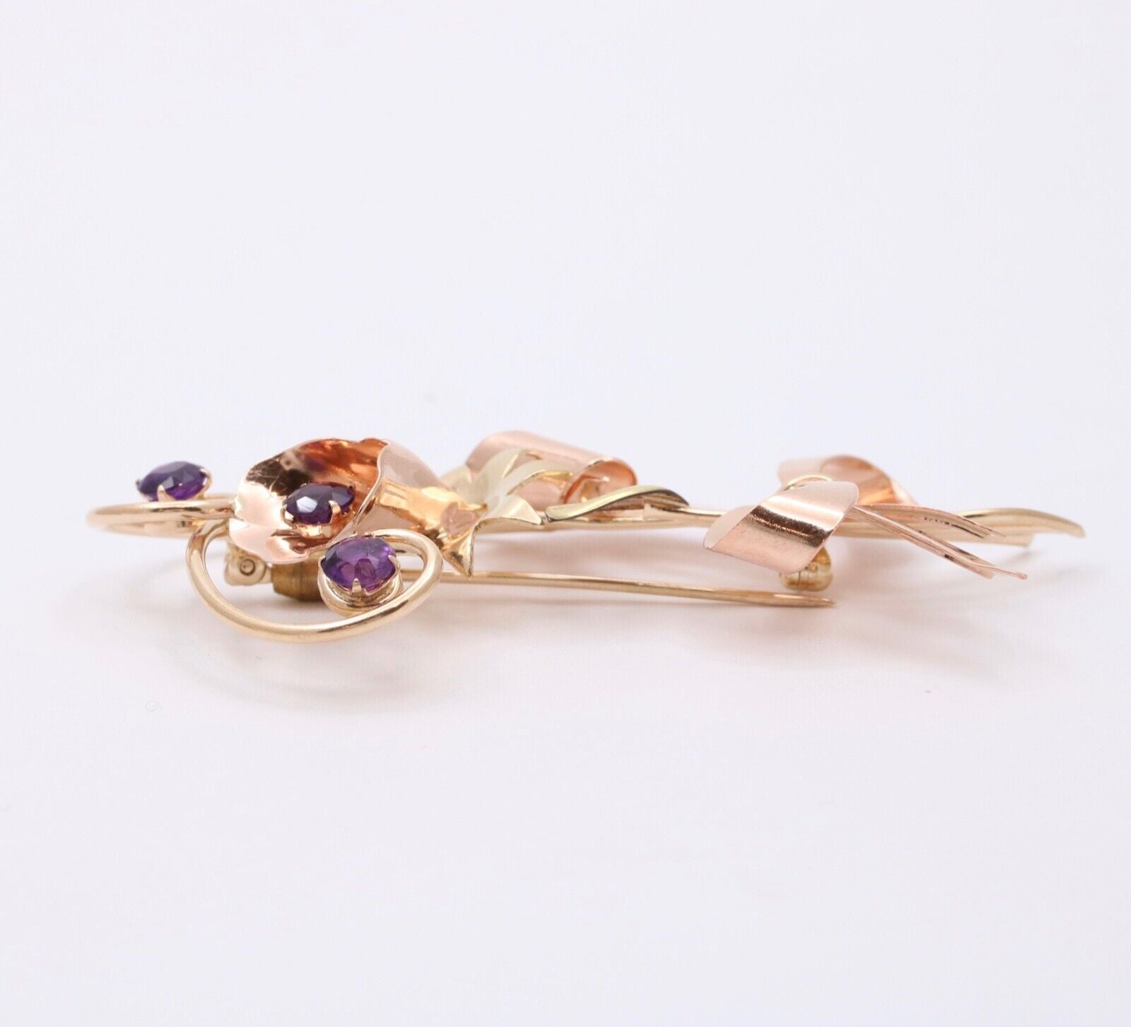 Vintage 10K Rose & Yellow Gold Amethyst Flower Bouquet Brooch Pin
