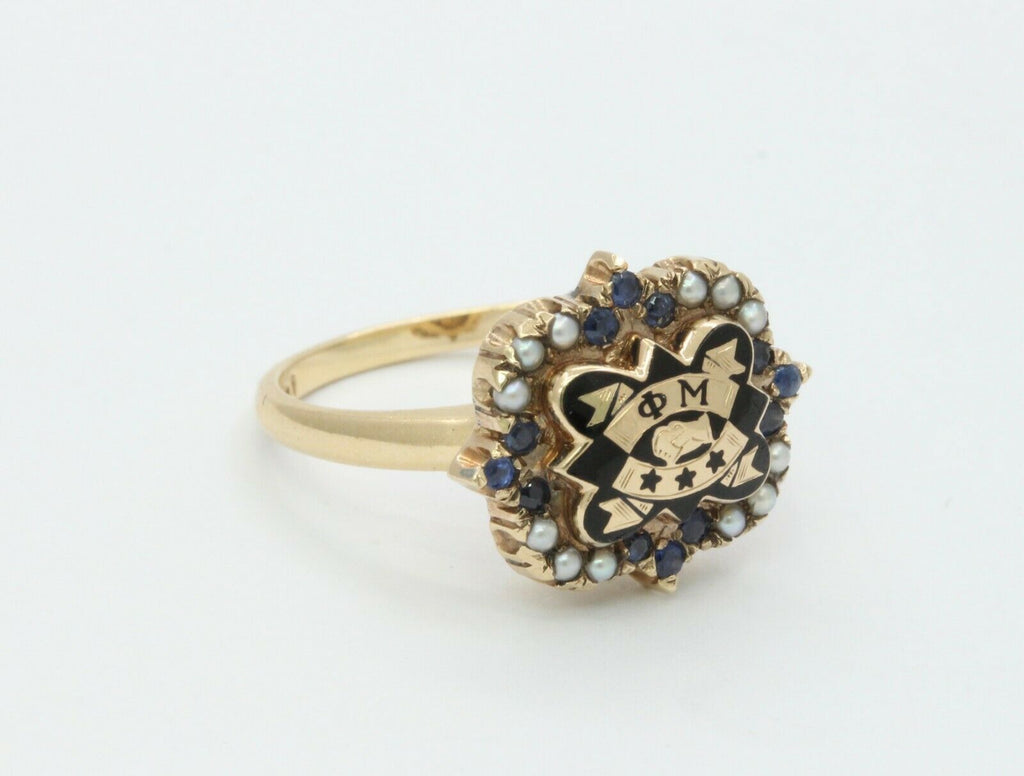Vintage 14K Yellow Gold Phi Mu Badge Sorority Sapphire Seed Pearl Ring