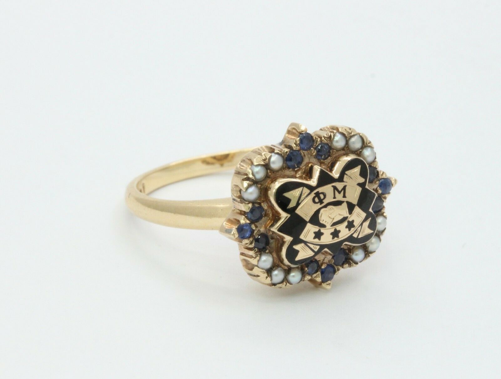 Vintage 14K Yellow Gold Phi Mu Badge Sorority Sapphire Seed Pearl Ring