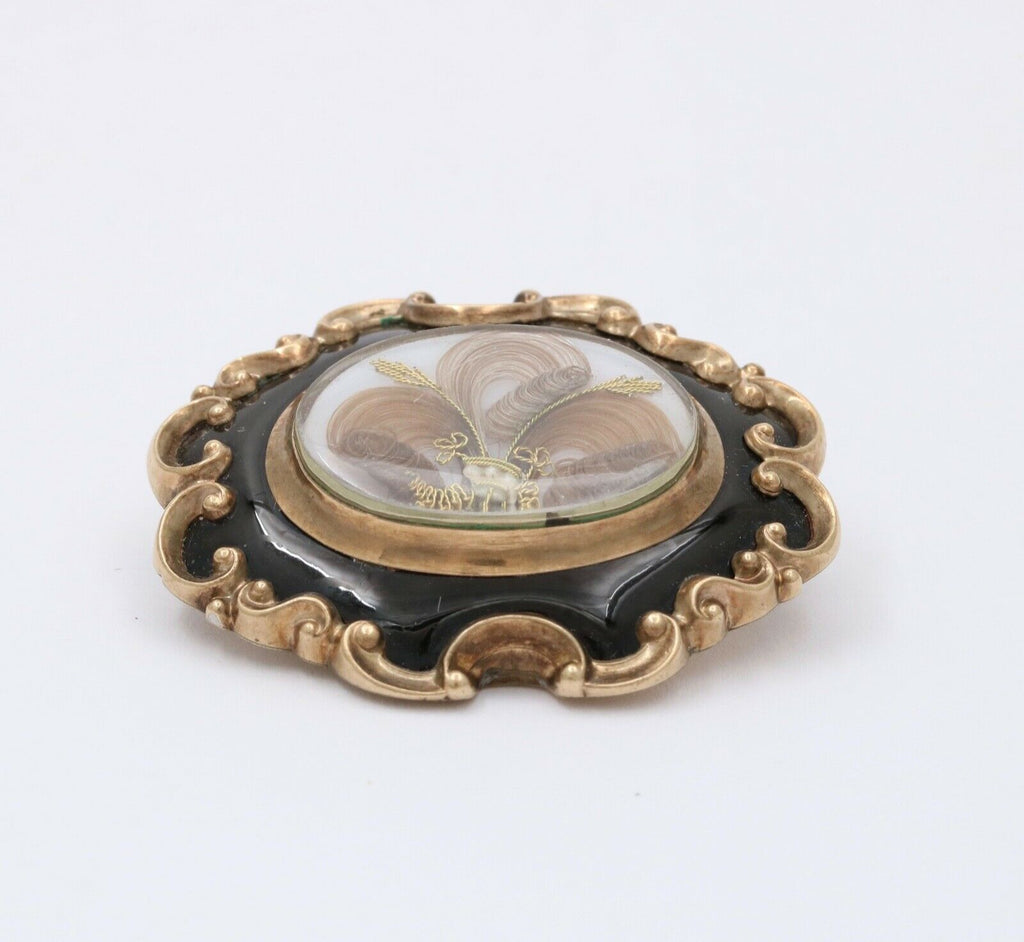 Victorian Memento Mori Hair 10K Enamel Brooch Pendant