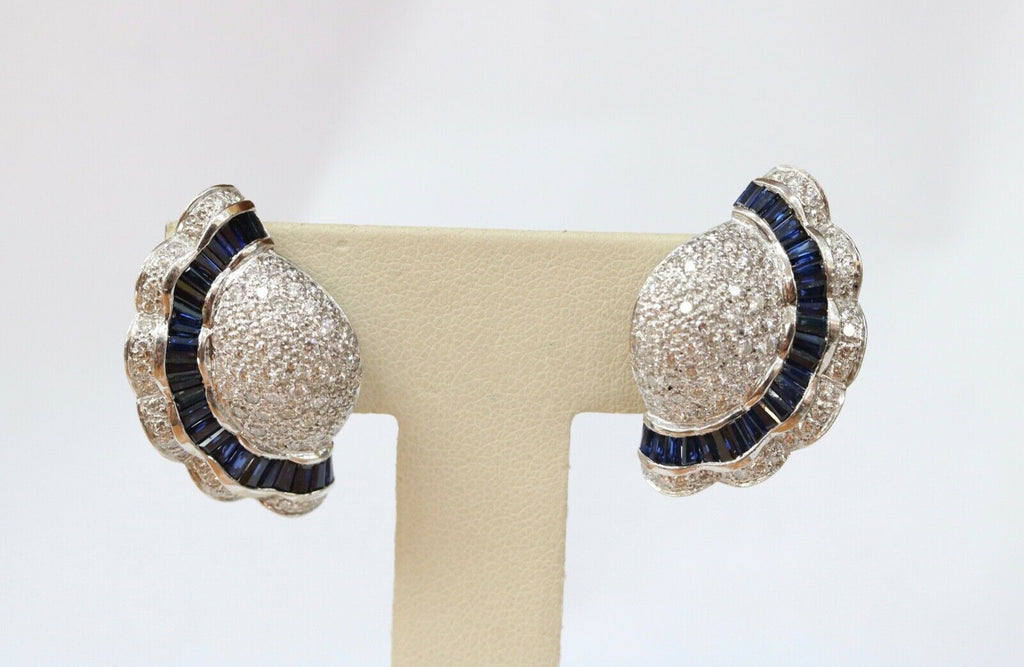Elegant Scallop Shell Diamonds Sapphire 18K White Gold Vintage Earrings