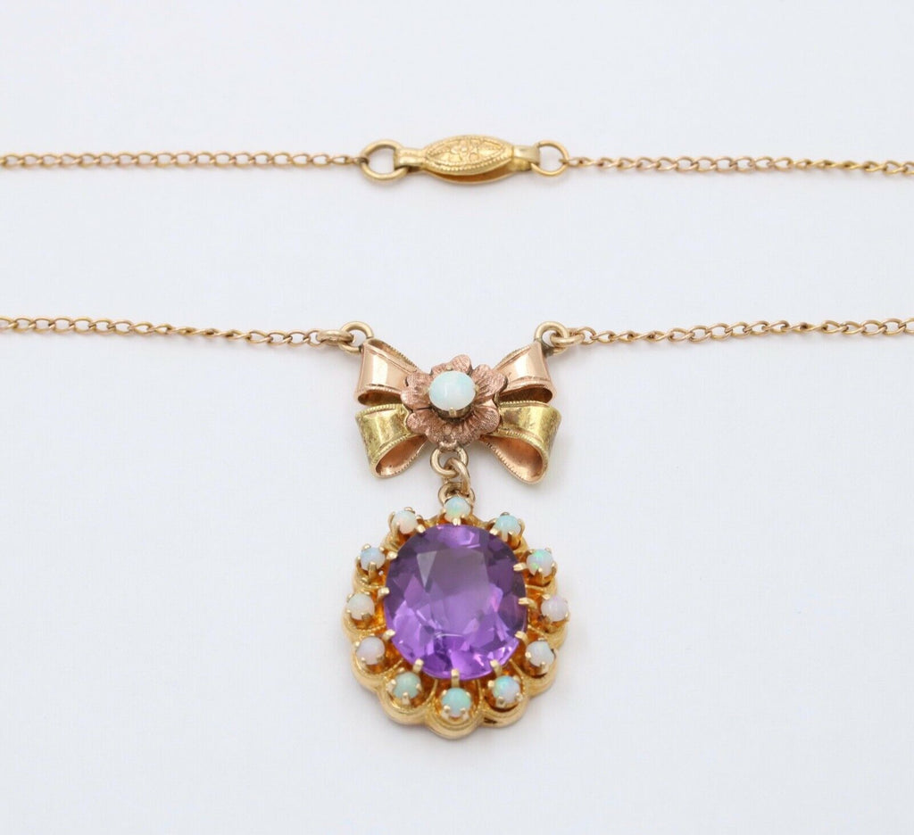 Vintage Bow Amethyst Opals 10K Yellow Gold Pendant and Chain