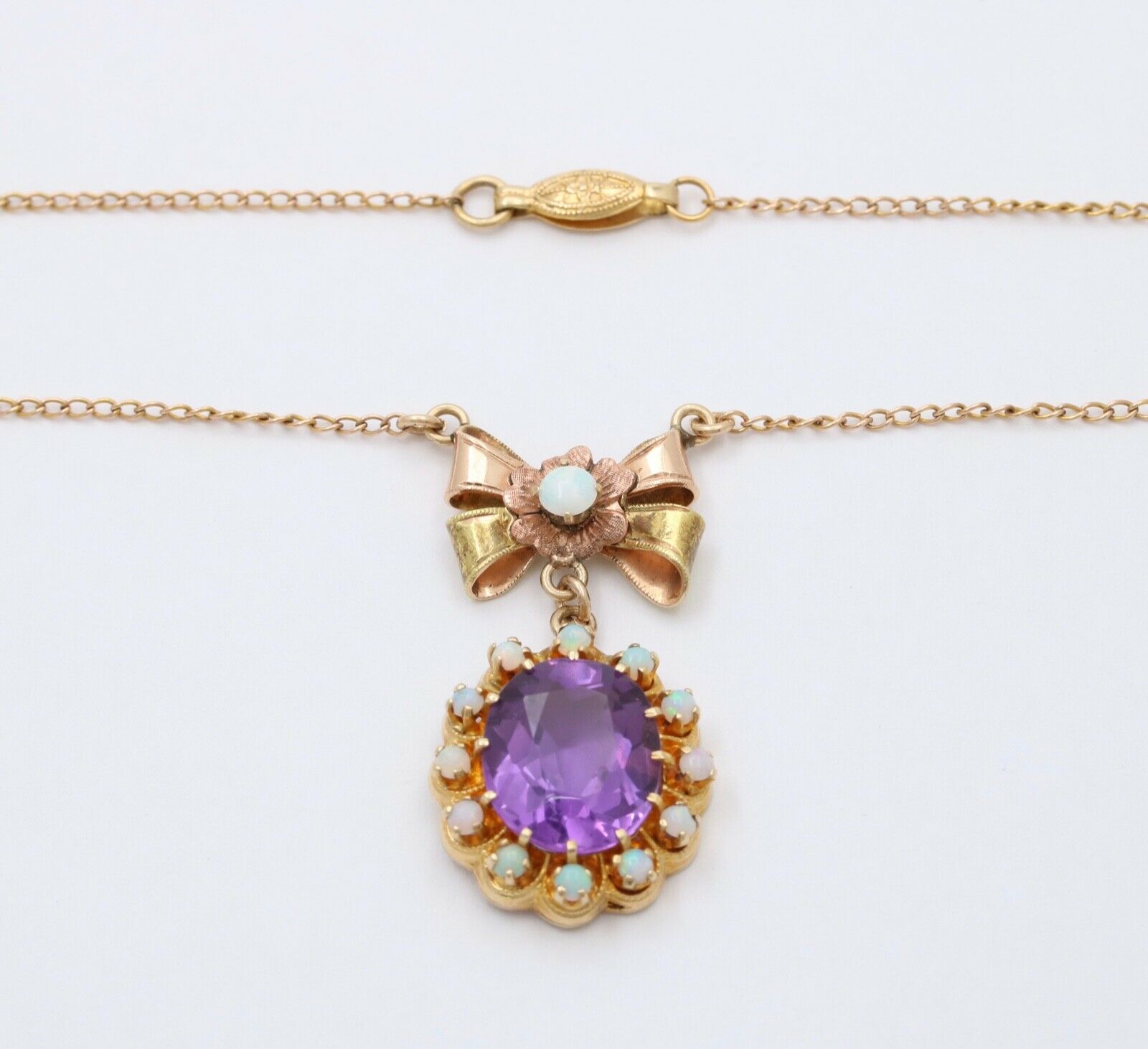Vintage Bow Amethyst Opals 10K Yellow Gold Pendant and Chain