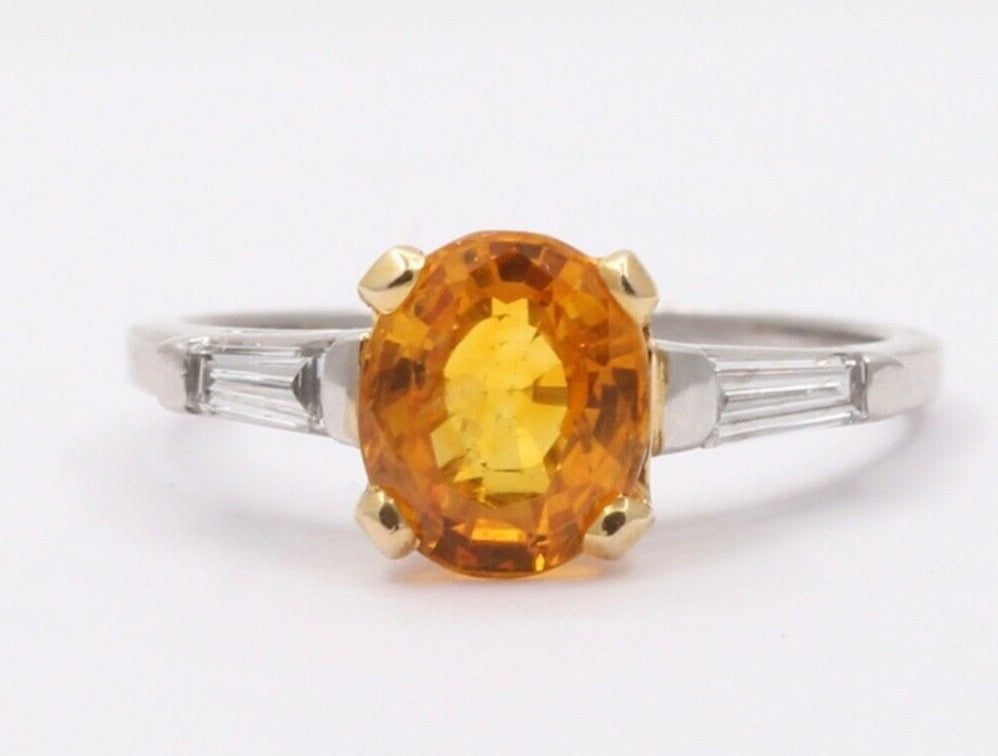 Vintage Oval Yellow Sapphire Baguette Diamonds Platinum Ring