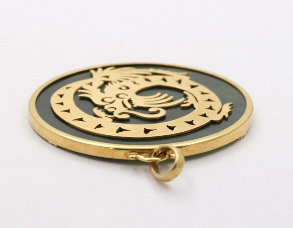 Vintage 18K Yellow Gold Spinning Dragon Jade Large Medallion