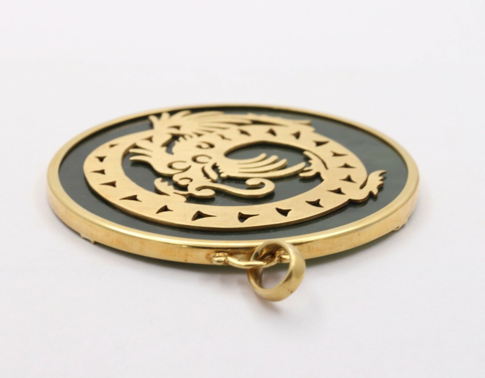 Vintage 18K Yellow Gold Spinning Dragon Jade Large Medallion