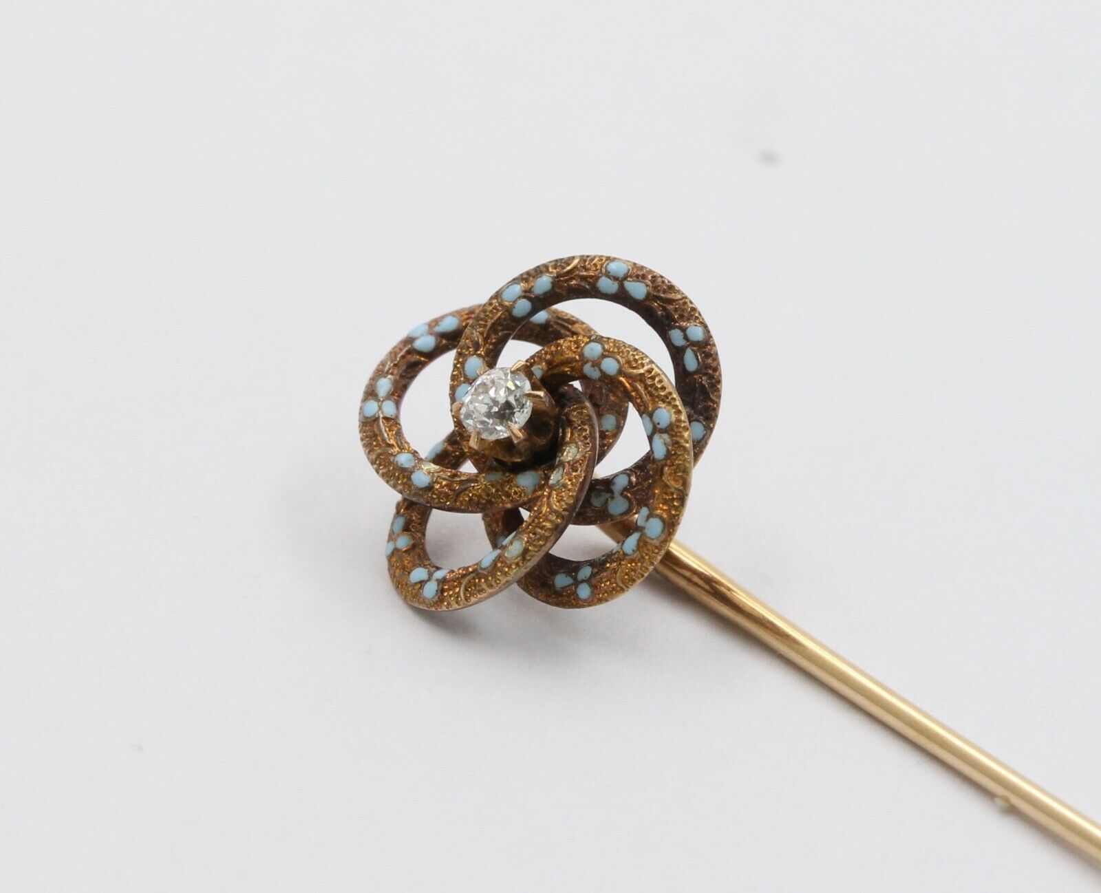 Vintage 14K Yellow Gold Diamond Enamel Stick Pin