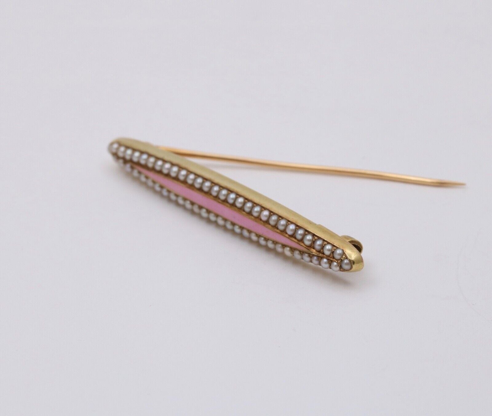 Victorian Pink Enamel Seed Pearls 14K YG Bar Brooch Pin