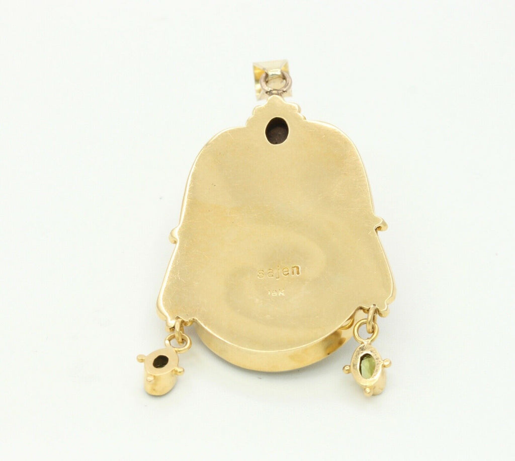 Vintage 18K Yellow Gold Sajen Goddess Face Mother of Pearl Opal Amethyst Peridot