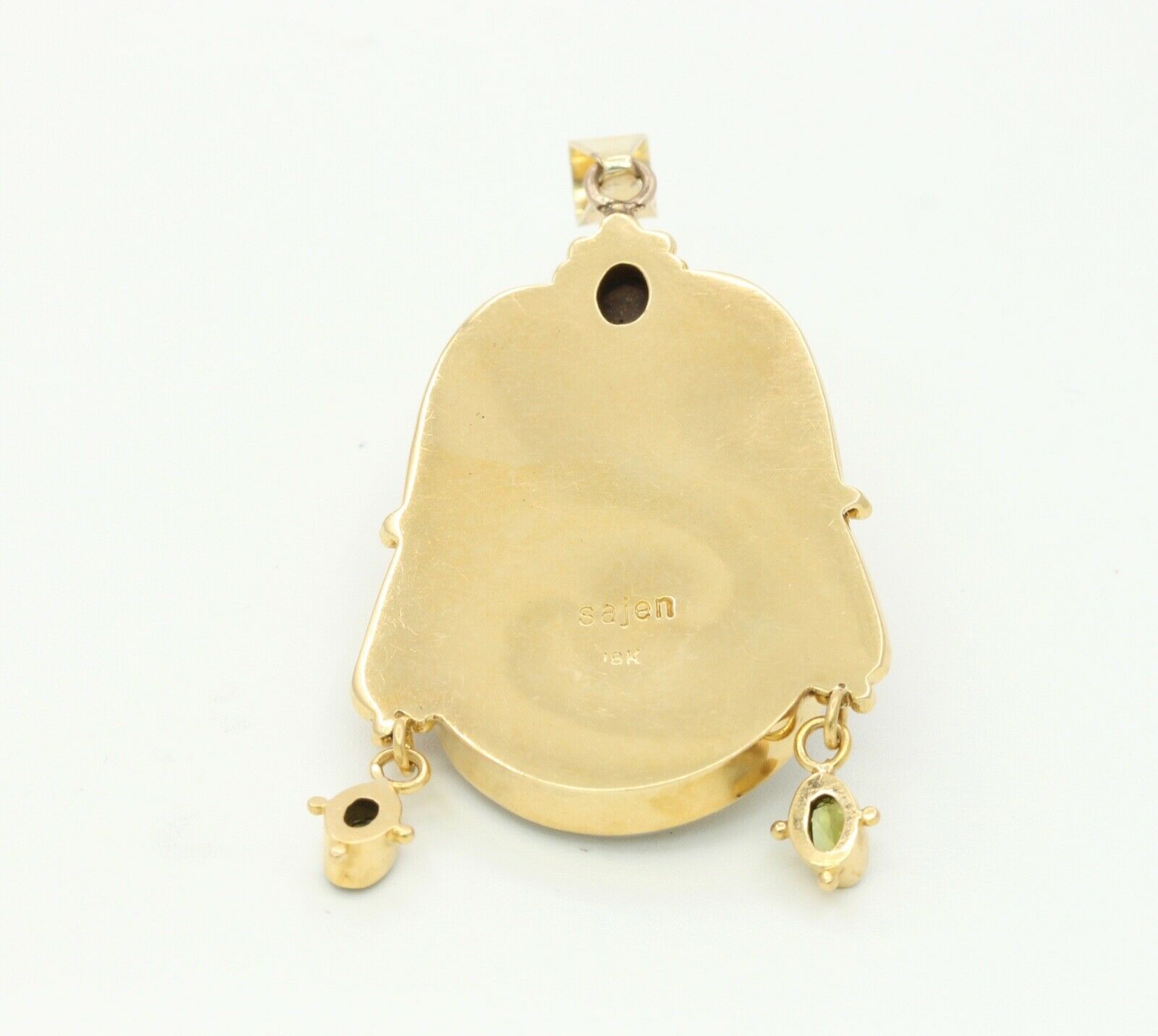 Vintage 18K Yellow Gold Sajen Goddess Face Mother of Pearl Opal Amethyst Peridot